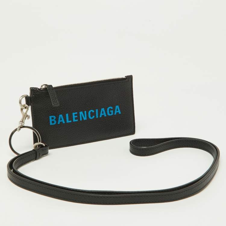 Pre Owned Balenciaga Black/Blue Leather Zip Card Holder with Strap