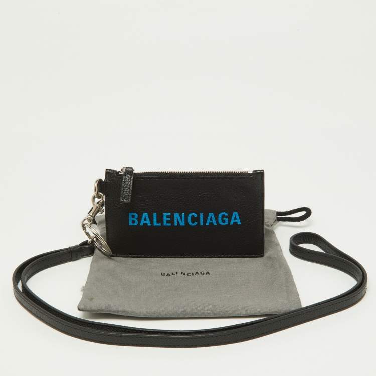 Pre Owned Balenciaga Black/Blue Leather Zip Card Holder with Strap