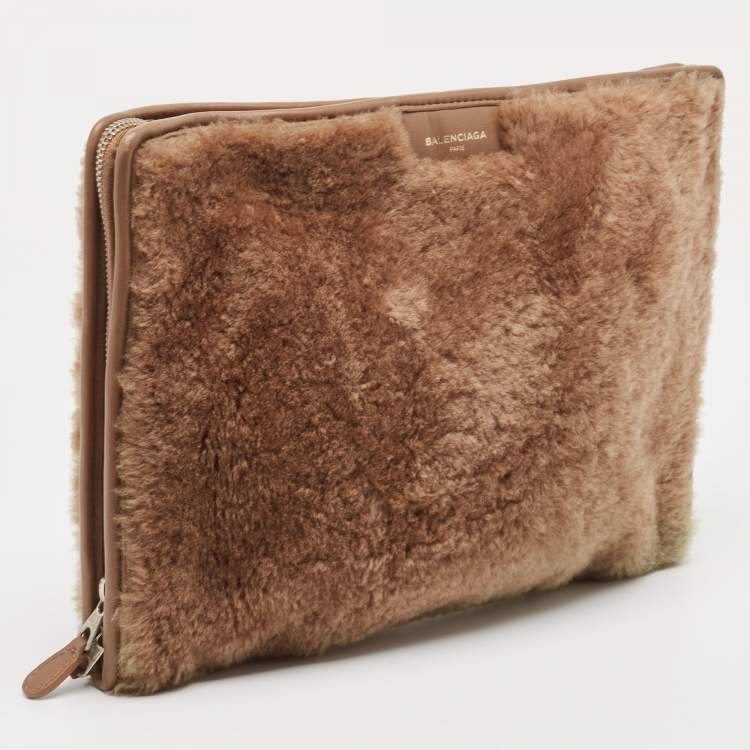Pre Owned Balenciaga Brown Shealing and Leather Bazar Pouch