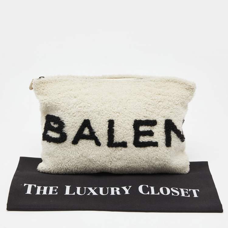 Pre Owned Balenciaga Off White/Black Shearling Logo Zip Pouch