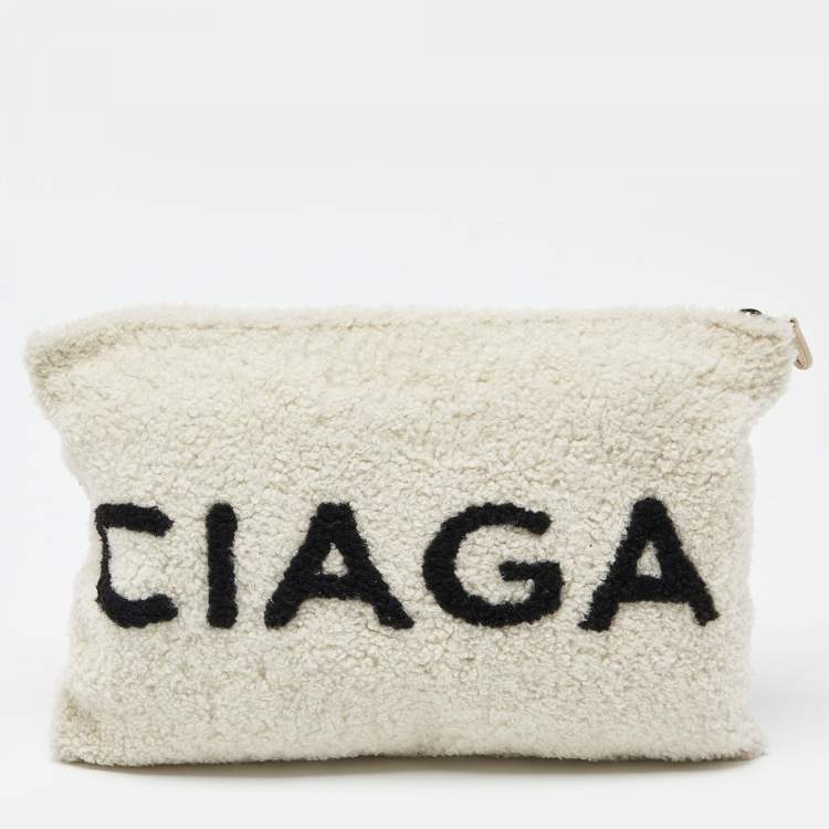 Pre Owned Balenciaga Off White/Black Shearling Logo Zip Pouch