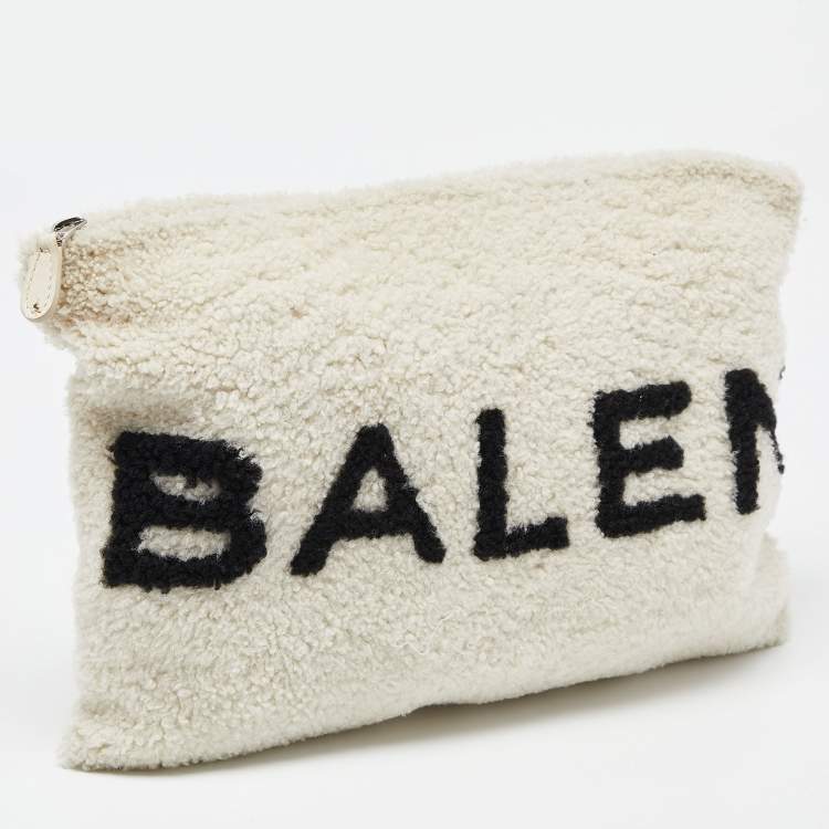 Pre Owned Balenciaga Off White/Black Shearling Logo Zip Pouch