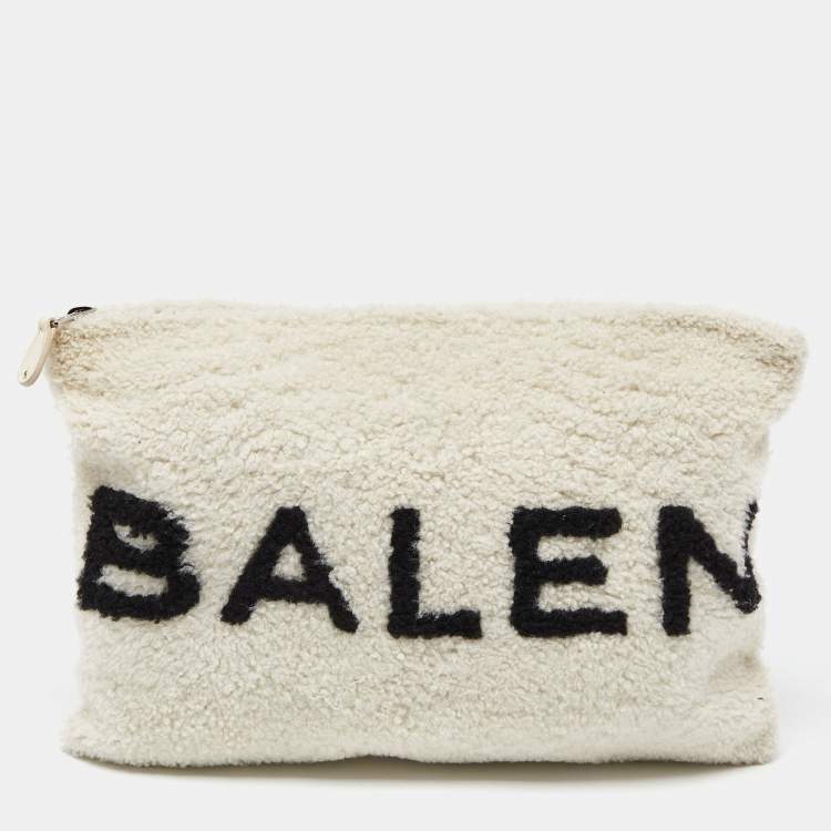 Pre Owned Balenciaga Off White/Black Shearling Logo Zip Pouch