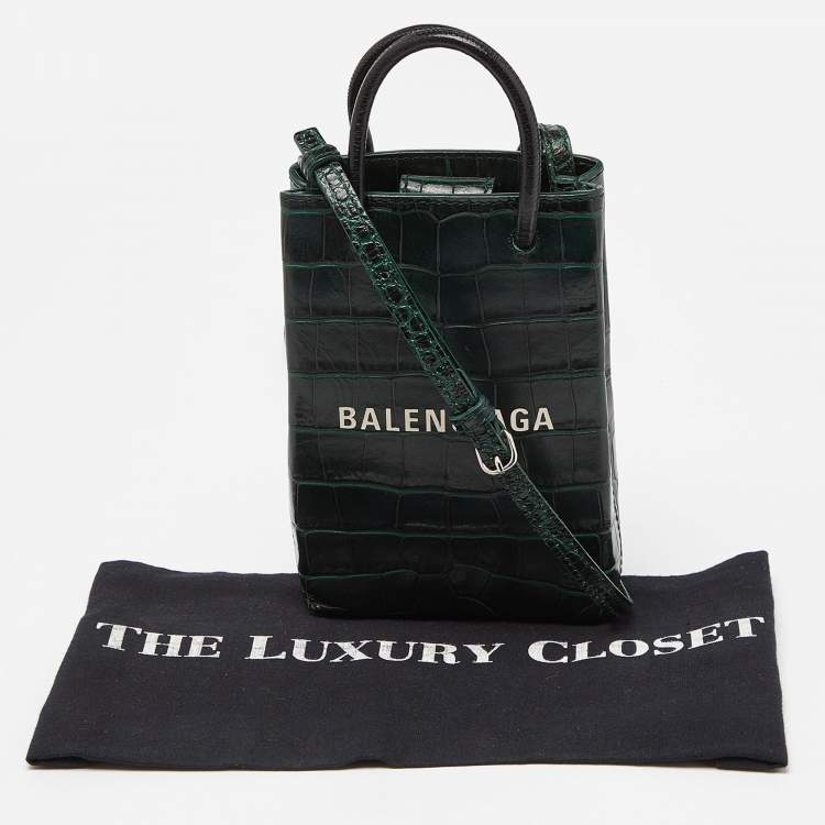 Pre Owned Balenciaga Green/Black Croc Embossed Leather Phone Crossbody Bag