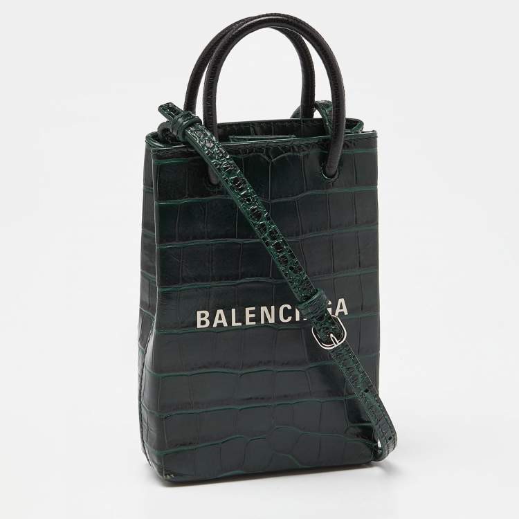Pre Owned Balenciaga Green/Black Croc Embossed Leather Phone Crossbody Bag
