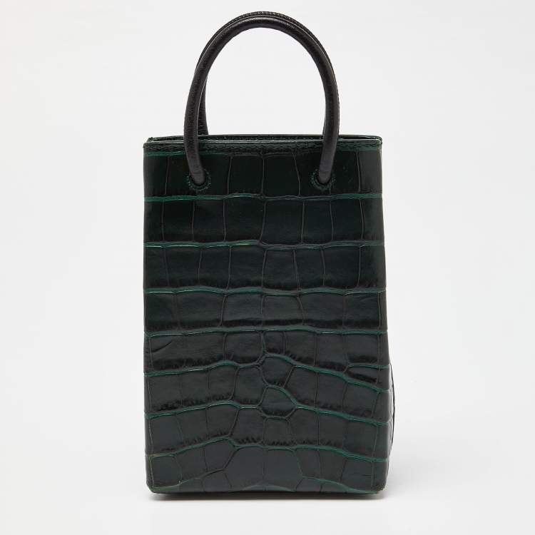 Pre Owned Balenciaga Green/Black Croc Embossed Leather Phone Crossbody Bag