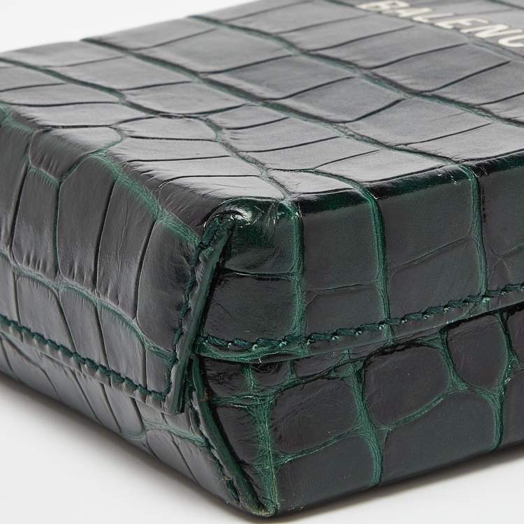 Pre Owned Balenciaga Green/Black Croc Embossed Leather Phone Crossbody Bag