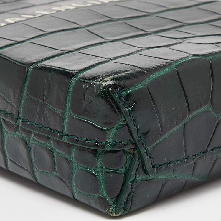 Pre Owned Balenciaga Green/Black Croc Embossed Leather Phone Crossbody Bag