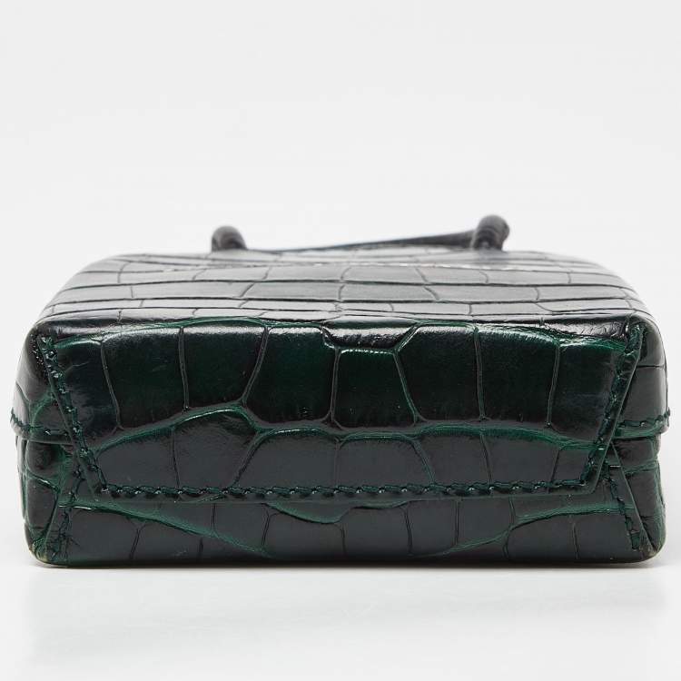 Pre Owned Balenciaga Green/Black Croc Embossed Leather Phone Crossbody Bag