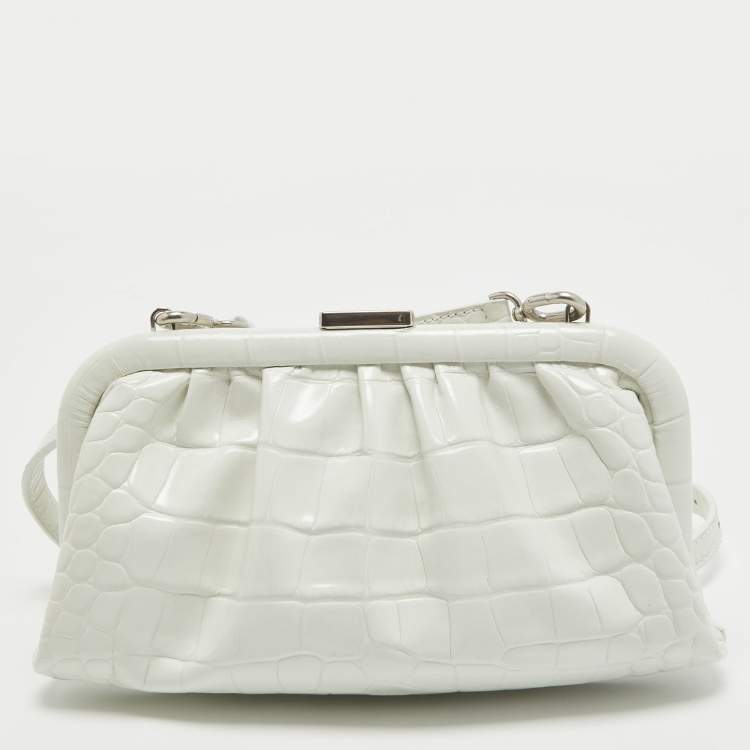 مملوكة مسبقًا Balenciaga White Croc Embossed Leather Cloud Clutch Bag