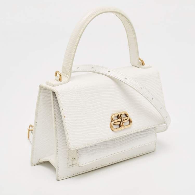 Pre Owned Balenciaga White Lizard Embossed Leather XS Sharp Top Handle Bag