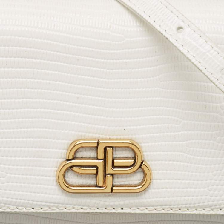 Pre Owned Balenciaga White Lizard Embossed Leather XS Sharp Top Handle Bag