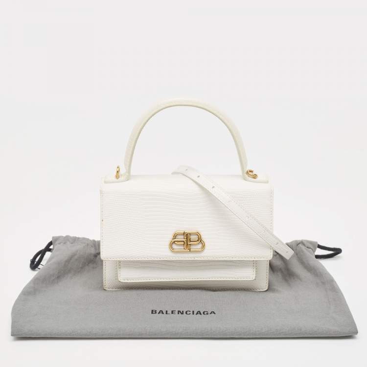 Pre Owned Balenciaga White Lizard Embossed Leather XS Sharp Top Handle Bag