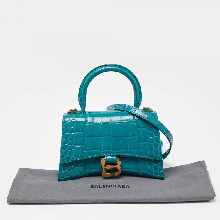 Pre Owned Balenciaga Green Croc Embossed Leather XS Hourglass Top Handle Bag