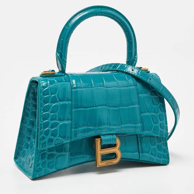 Pre Owned Balenciaga Green Croc Embossed Leather XS Hourglass Top Handle Bag