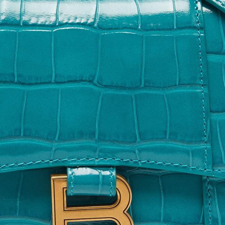 Pre Owned Balenciaga Green Croc Embossed Leather XS Hourglass Top Handle Bag