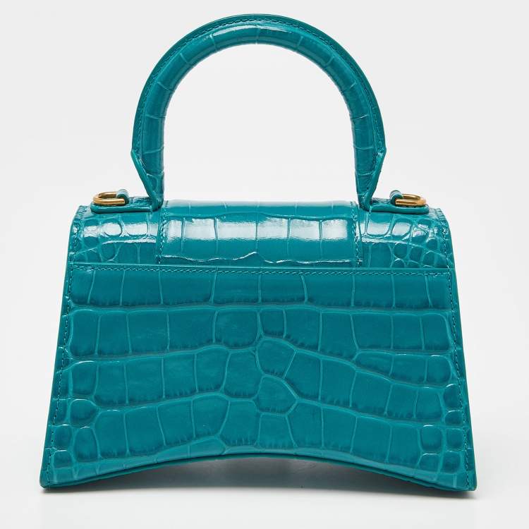 Pre Owned Balenciaga Green Croc Embossed Leather XS Hourglass Top Handle Bag