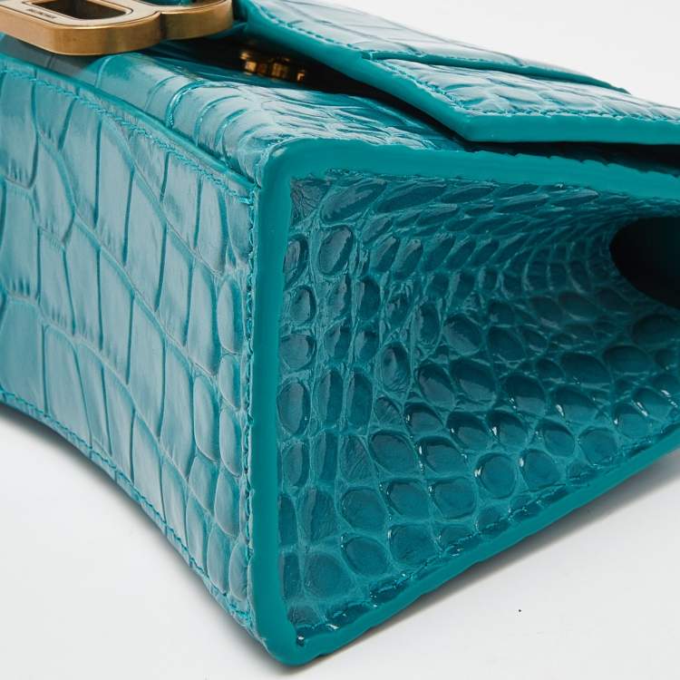 Pre Owned Balenciaga Green Croc Embossed Leather XS Hourglass Top Handle Bag