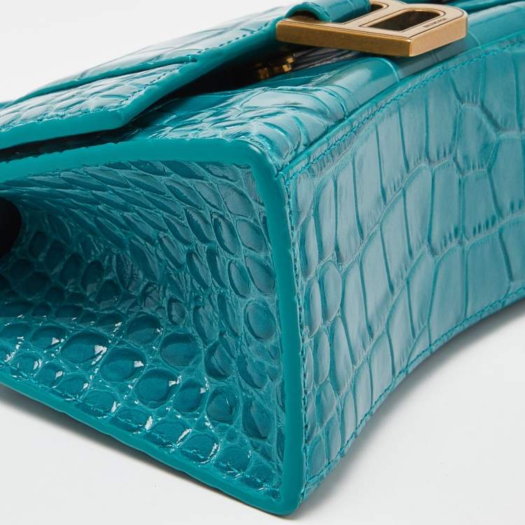 Pre Owned Balenciaga Green Croc Embossed Leather XS Hourglass Top Handle Bag