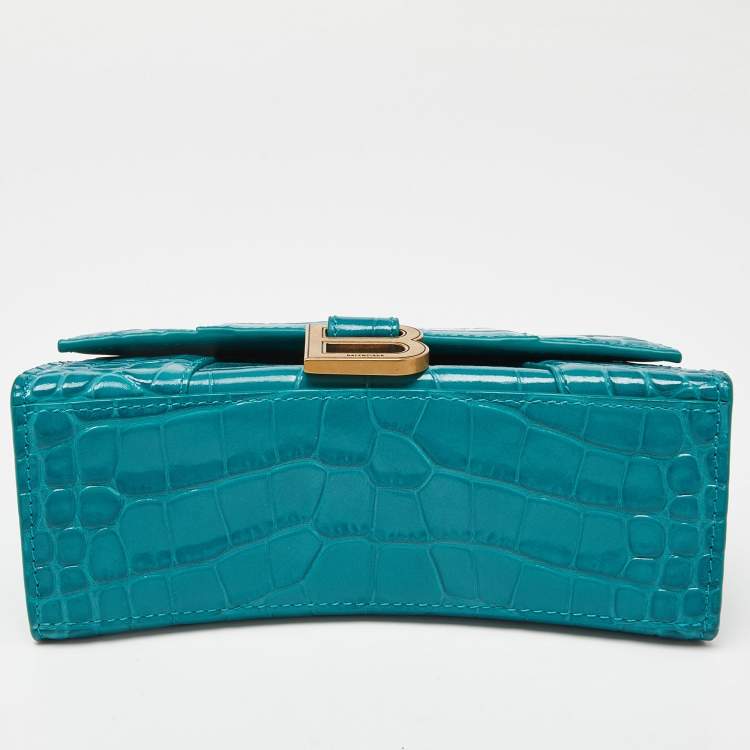 Pre Owned Balenciaga Green Croc Embossed Leather XS Hourglass Top Handle Bag