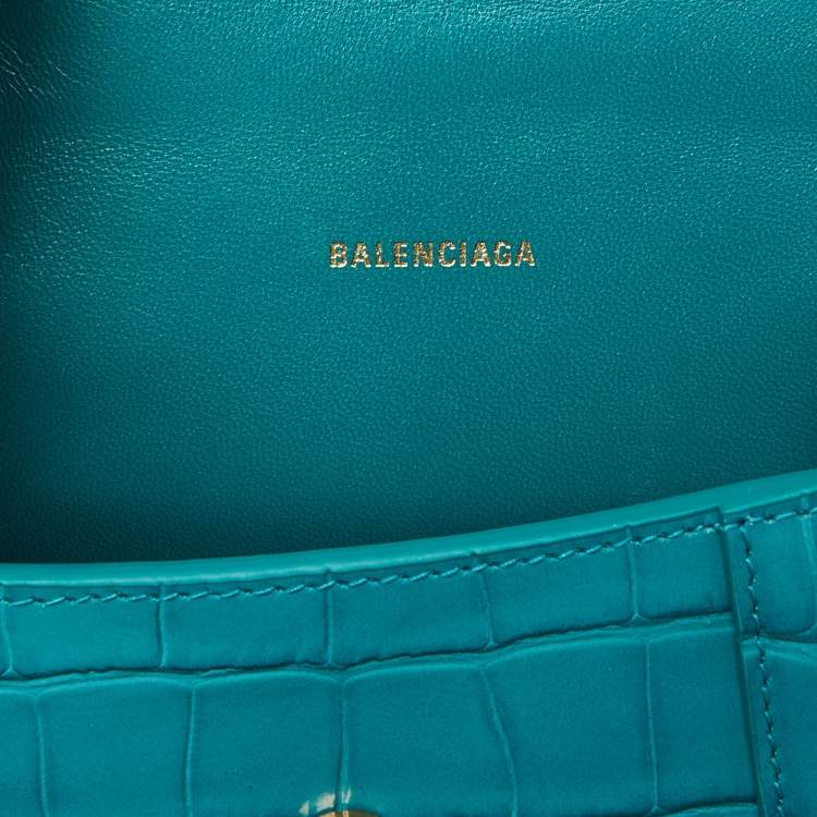 Pre Owned Balenciaga Green Croc Embossed Leather XS Hourglass Top Handle Bag