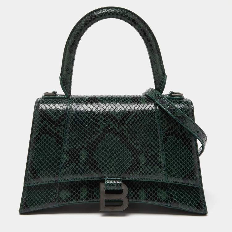 Pre Owned Balenciaga Green Snakeskin Embossed Leather Small Hourglass Top Handle Bag