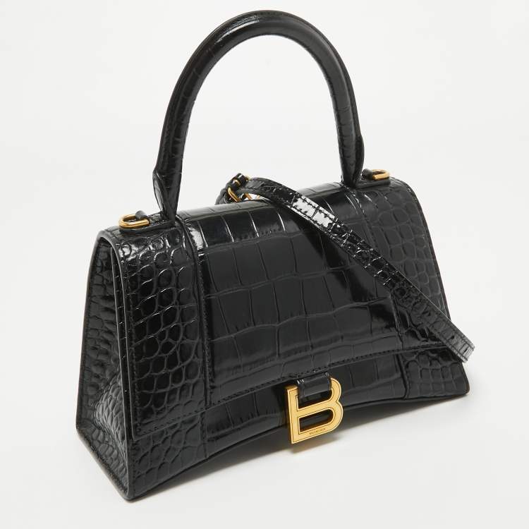 Pre Owned Balenciaga Black Croc Embossed Leather Small Hourglass Top Handle Bag