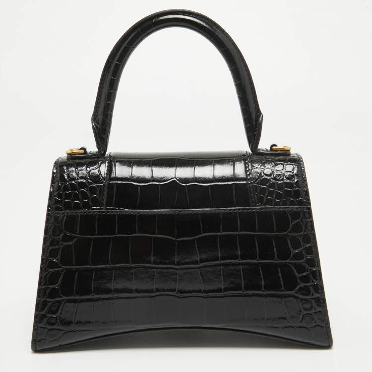 Pre Owned Balenciaga Black Croc Embossed Leather Small Hourglass Top Handle Bag