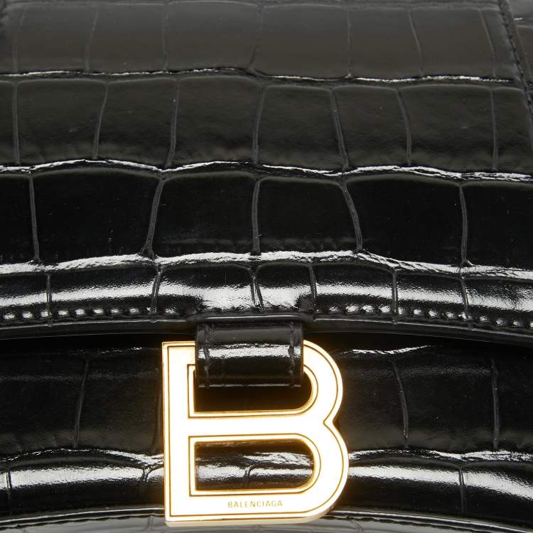 Pre Owned Balenciaga Black Croc Embossed Leather Small Hourglass Top Handle Bag