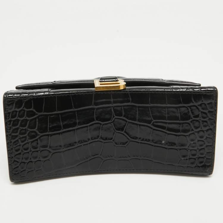 Pre Owned Balenciaga Black Croc Embossed Leather Small Hourglass Top Handle Bag