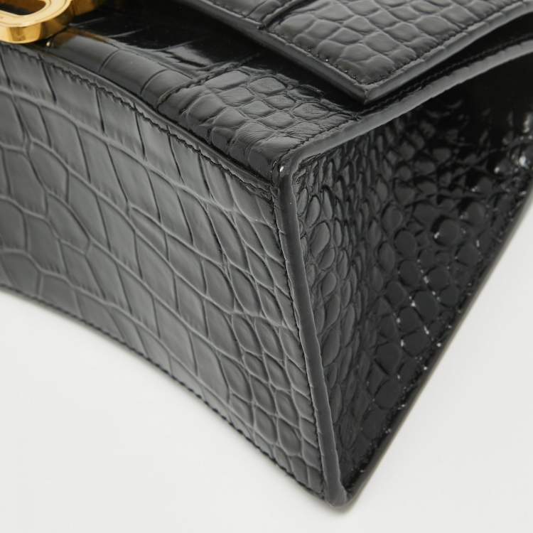 Pre Owned Balenciaga Black Croc Embossed Leather Small Hourglass Top Handle Bag