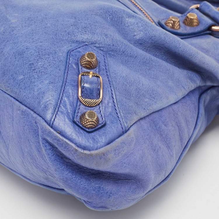 Pre Owned Balenciaga Blue Leather Rose Gold Hardware Classic Town Bag