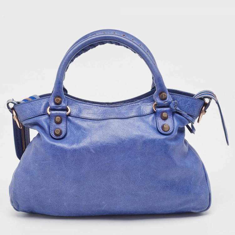 Pre Owned Balenciaga Blue Leather Rose Gold Hardware Classic Town Bag