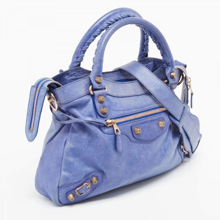 Pre Owned Balenciaga Blue Leather Rose Gold Hardware Classic Town Bag