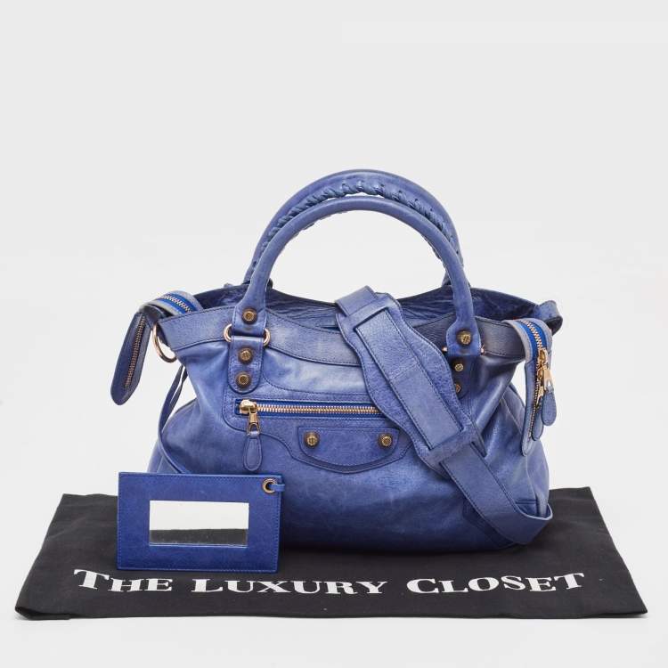 Pre Owned Balenciaga Blue Leather Rose Gold Hardware Classic Town Bag
