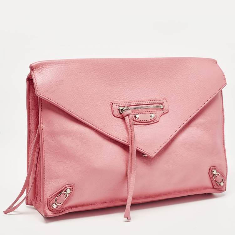 Pre Owned Balenciaga Pink Leather Papier Sight Clutch