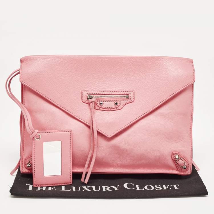 Pre Owned Balenciaga Pink Leather Papier Sight Clutch