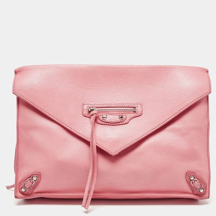 Pre Owned Balenciaga Pink Leather Papier Sight Clutch