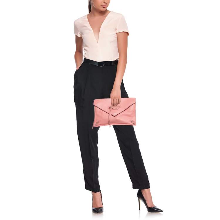 Pre Owned Balenciaga Pink Leather Papier Sight Clutch