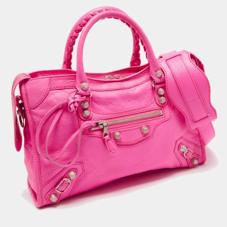 Pre Owned Balenciaga Neon Pink Leather Small Classic City Tote