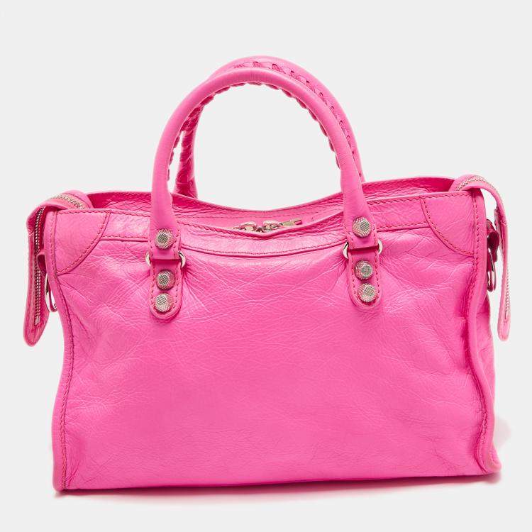 Pre Owned Balenciaga Neon Pink Leather Small Classic City Tote