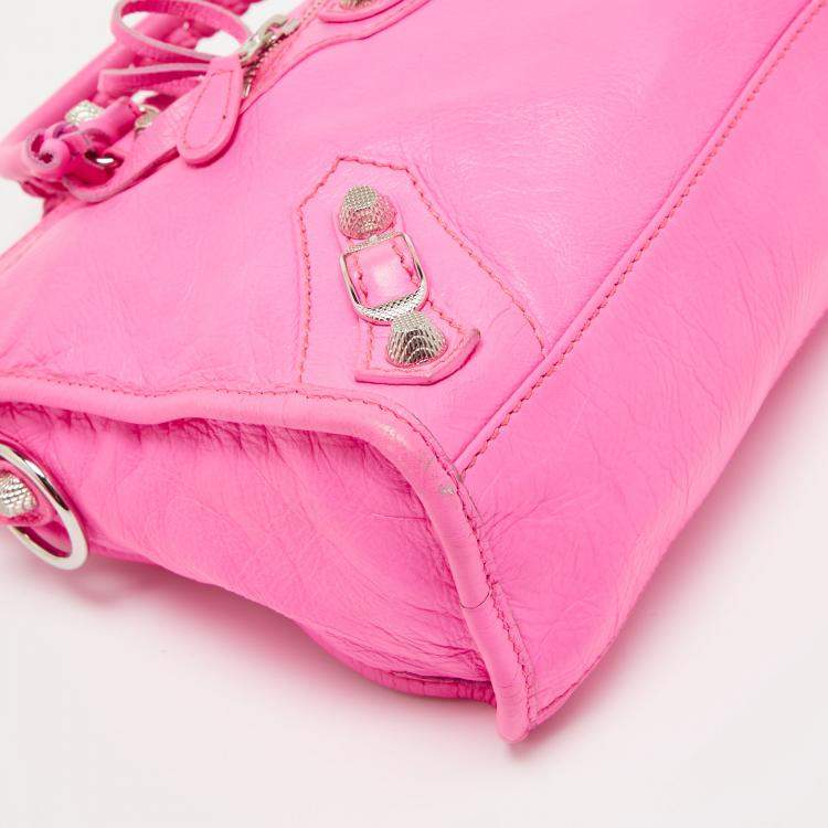 Pre Owned Balenciaga Neon Pink Leather Small Classic City Tote