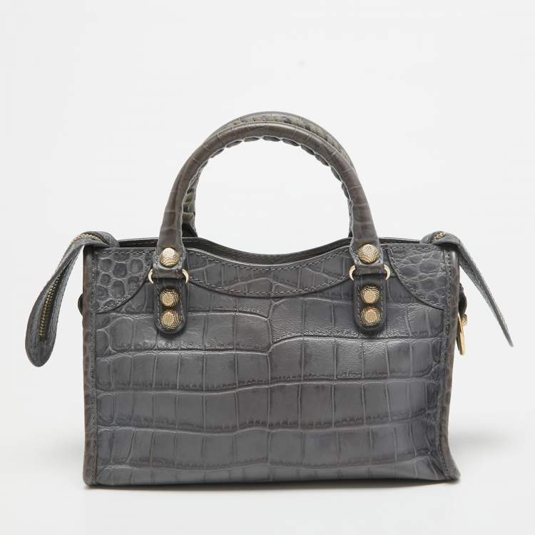 Pre Owned Balenciaga Grey Croc Embossed Leather Mini RH City Bag