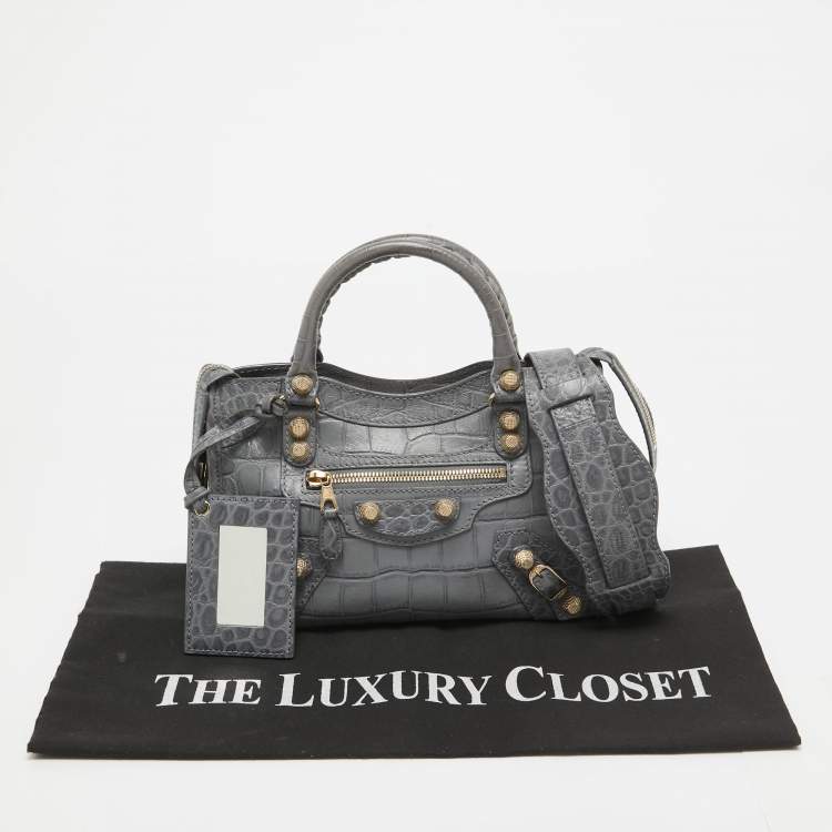Pre Owned Balenciaga Grey Croc Embossed Leather Mini RH City Bag