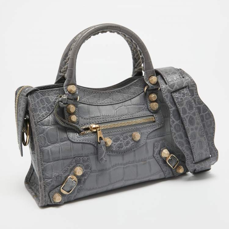 Pre Owned Balenciaga Grey Croc Embossed Leather Mini RH City Bag
