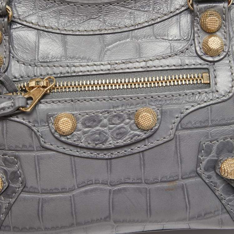 Pre Owned Balenciaga Grey Croc Embossed Leather Mini RH City Bag