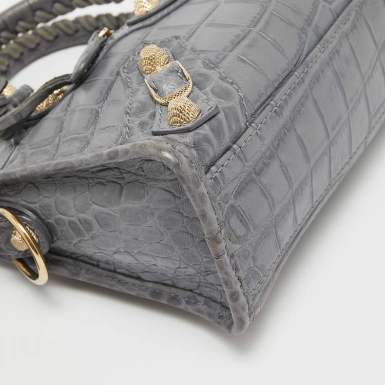 Pre Owned Balenciaga Grey Croc Embossed Leather Mini RH City Bag