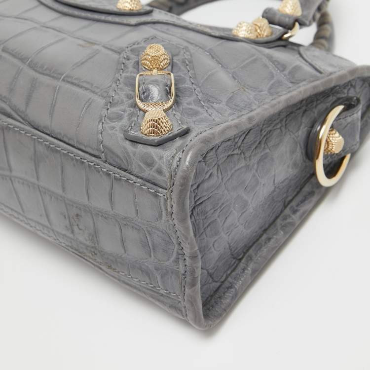 Pre Owned Balenciaga Grey Croc Embossed Leather Mini RH City Bag