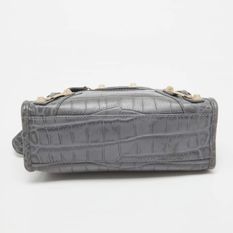 Pre Owned Balenciaga Grey Croc Embossed Leather Mini RH City Bag