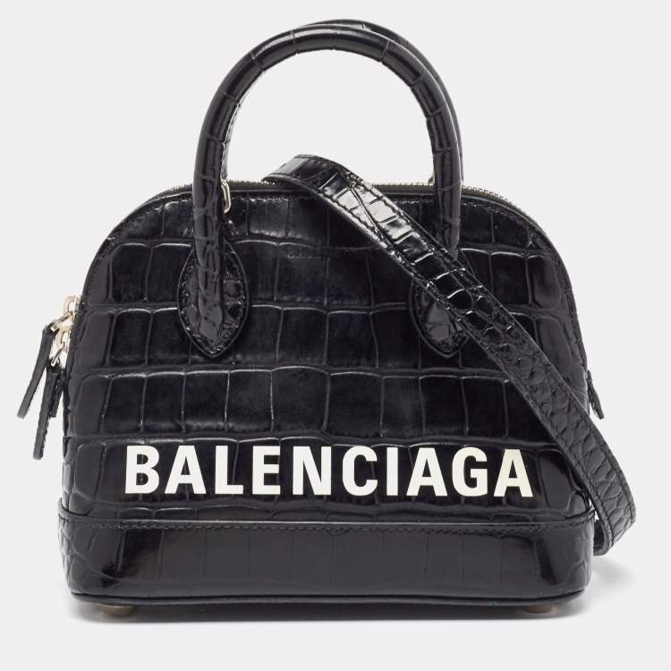 Pre Owned Balenciaga Black Croc Embossed Leather XXS Ville Satchel